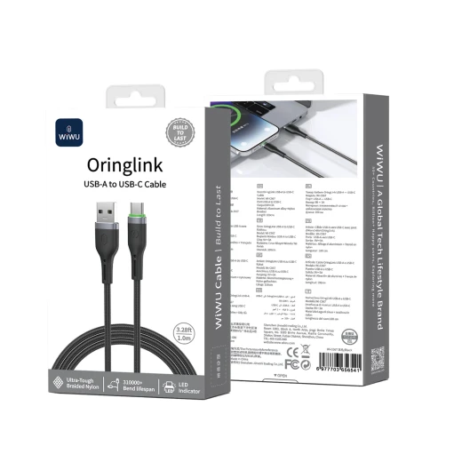 كابل وي وو C067 Oringlink USB-A إلى USB-C مصنوع من سبائك الألومنيوم ومُغطى بالنايلون المضفر، بطول 1 متر، أسود كابل وي وو C067 Oringlink USB-A إلى USB-C مصنوع من سبائك الألومنيوم ومُغطى بالنايلون المضفر، بطول 1 متر، أسود