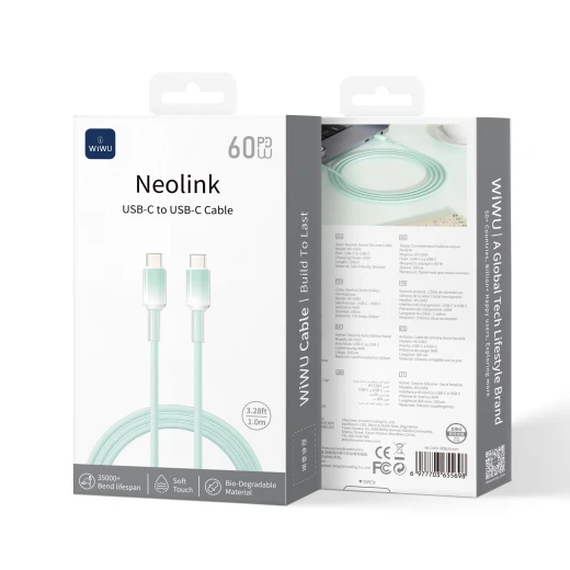 WiWU C063 Neolink USB C to USB C Silicone Cable 1 Meter Green Fast Charging Data Transfer Support 60W Power Delivery Durable Design Compatible with Laptops and Smartphones - Wiwu - Image 3
