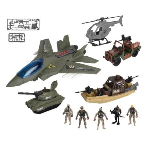 Chap Mei Soldier Force Military Vehicle Playset F14 Fighter Jet, Battle Boat, Tank, ATV, Chopper, 5 Action Figures - Chap Mei - Image 4