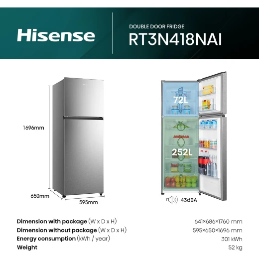 Hisense RT3N418NAI Top Mount Refrigerator 320L Net Capacity, No Frost, Moisture Fresh Crisper, LED interior light,Deodorizing Filter,Multi Air Flow,Silver - HISENSE - Image 3