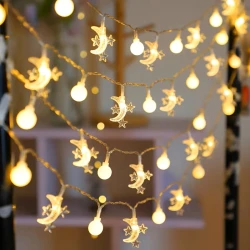 أضواء سلسلة LED على شكل أقمار ونجوم - تعمل بالبطارية، 20 مصباح LED، 300 سم، وظيفة تشغيل/إيقاف