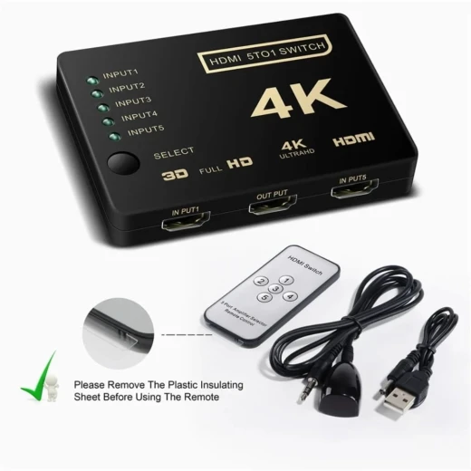 محول HDMI بخمس منافذ بدقة 4K طراز SY-501 مع جهاز تحكم عن بعد لأجهزة HDMI متعددة باللون الأسود - Image 2