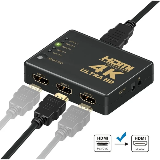 محول HDMI بخمس منافذ بدقة 4K طراز SY-501 مع جهاز تحكم عن بعد لأجهزة HDMI متعددة باللون الأسود - Image 3