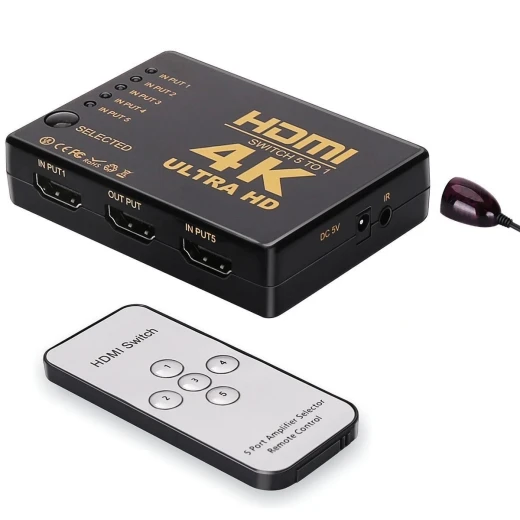 محول HDMI بخمس منافذ بدقة 4K طراز SY-501 مع جهاز تحكم عن بعد لأجهزة HDMI متعددة باللون الأسود محول HDMI بخمس منافذ بدقة 4K طراز SY-501 مع جهاز تحكم عن بعد لأجهزة HDMI متعددة باللون الأسود
