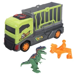 Dino Valley Transport Truck Toy Set with Lights, Sounds, and Free-Wheeling Action