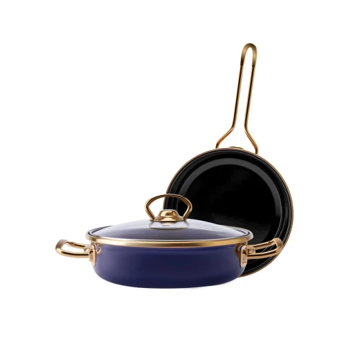 Karaca Piraye Enamel 2 Piece Pan Set Navy Blue Gold Non-Stick Cookware Karaca Piraye Enamel 2 Piece Pan Set Navy Blue Gold Non-Stick Cookware
