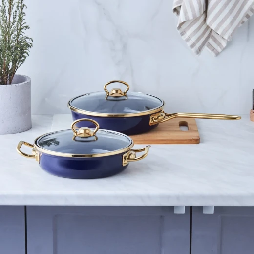 Karaca Piraye Enamel 2 Piece Pan Set Navy Blue Gold Non-Stick Cookware - karaca - Image 3