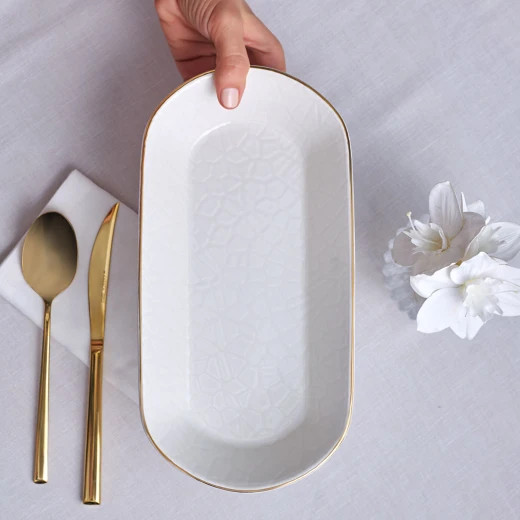 Karaca Calvin Ekru Embossed Ceramic Gondola Dish 29 cm Elegant Serving Piece for Fruits, Desserts, and Appetizers Perfect for Special Occasions and Everyday Use - karaca - Image 5