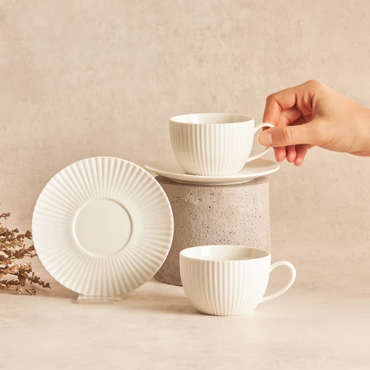 Karaca Seashell White Porcelain 2 Person Tea Cup Set with Saucers, Elegant Design, 200ml Capacity, Perfect for Coffee and Tea, Dishwasher Safe - karaca - Image 6