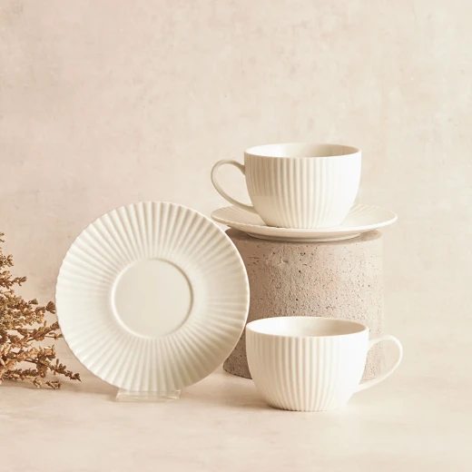 Karaca Seashell White Porcelain 2 Person Tea Cup Set with Saucers, Elegant Design, 200ml Capacity, Perfect for Coffee and Tea, Dishwasher Safe - karaca - Image 7