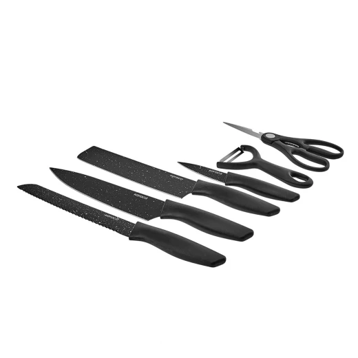 Karaca Black Stone 6 Piece Kitchen Knife Set with Built In Scissors and Ergonomic Handles, Includes Chef Knife, Slicer, Paring Knife, and Utility Knife for All Kitchen Tasks - karaca - Image 2