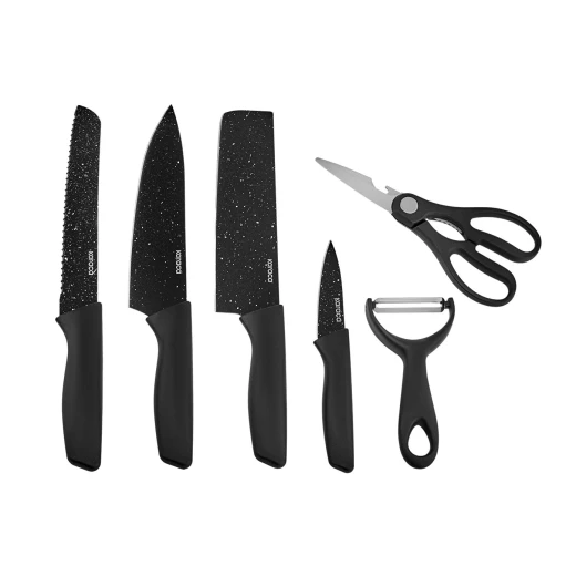 Karaca Black Stone 6 Piece Kitchen Knife Set with Built In Scissors and Ergonomic Handles, Includes Chef Knife, Slicer, Paring Knife, and Utility Knife for All Kitchen Tasks Karaca Black Stone 6 Piece Kitchen Knife Set with Built In Scissors and Ergonomic Handles, Includes Chef Knife, Slicer, Paring Knife, and Utility Knife for All Kitchen Tasks
