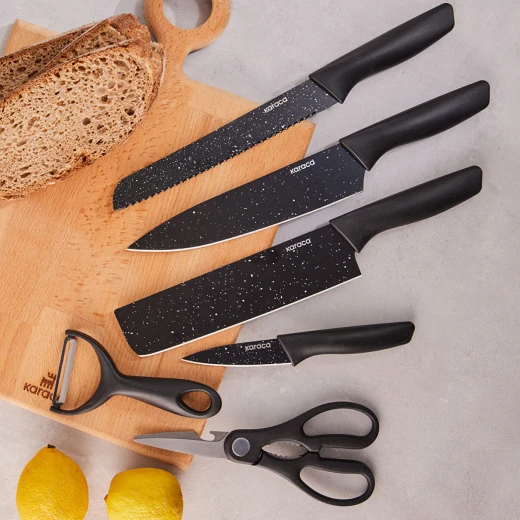 Karaca Black Stone 6 Piece Kitchen Knife Set with Built In Scissors and Ergonomic Handles, Includes Chef Knife, Slicer, Paring Knife, and Utility Knife for All Kitchen Tasks - karaca - Image 3