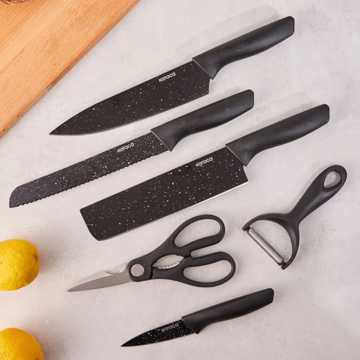 Karaca Black Stone 6 Piece Kitchen Knife Set with Built In Scissors and Ergonomic Handles, Includes Chef Knife, Slicer, Paring Knife, and Utility Knife for All Kitchen Tasks - karaca - Image 4