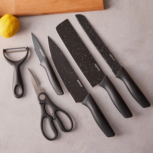 Karaca Black Stone 6 Piece Kitchen Knife Set with Built In Scissors and Ergonomic Handles, Includes Chef Knife, Slicer, Paring Knife, and Utility Knife for All Kitchen Tasks - karaca - Image 7