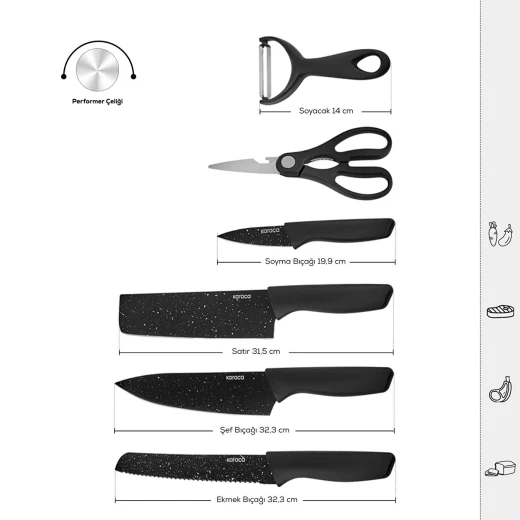 Karaca Black Stone 6 Piece Kitchen Knife Set with Built In Scissors and Ergonomic Handles, Includes Chef Knife, Slicer, Paring Knife, and Utility Knife for All Kitchen Tasks - karaca - Image 6