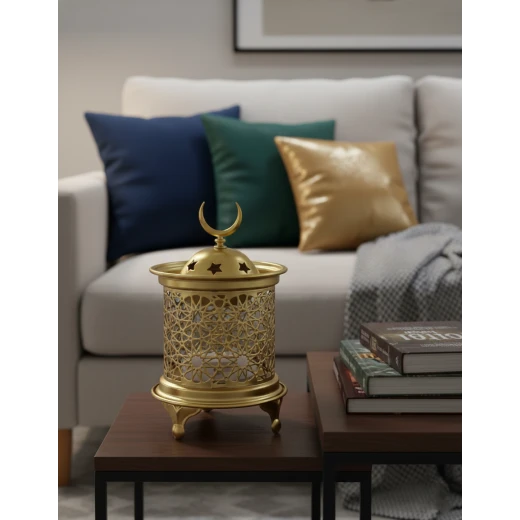 15cm Modern Golden Ramadan Lantern Pattern & Warm LED Lights - Elegant Islamic Decor Fanous for Home and Office, Crescent Moon Top - Dumyah Ramadan - Image 2