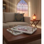 مجموعة صواني تقديم رمضان عدد 2 – الكبيرة 34.5 سم والصغيرة 29.5 سم، مثالية لتقديم التمر والحلويات والمكسرات، تصميم إسلامي أنيق خلال رمضان والمناسبات الدينية - دمية رمضان
