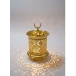 15cm Modern Golden Ramadan Lantern Pattern & Warm LED Lights - Elegant Islamic Decor Fanous for Home and Office, Crescent Moon Top - Dumyah Ramadan