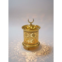 15cm Modern Golden Ramadan Lantern Pattern & Warm LED Lights - Elegant Islamic Decor Fanous for Home and Office, Crescent Moon Top