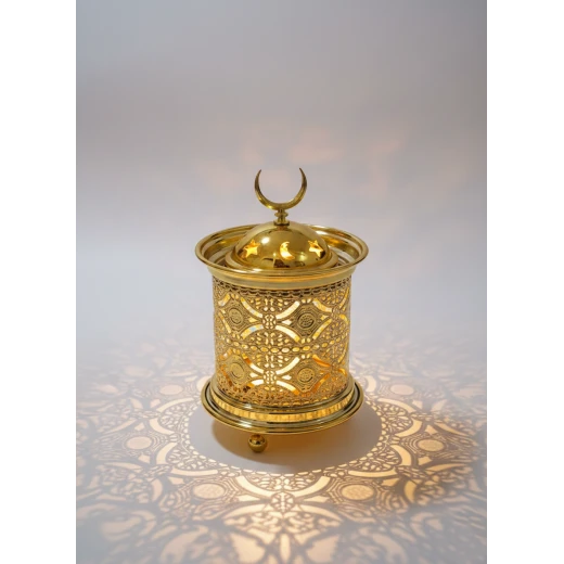 15cm Modern Golden Ramadan Lantern Pattern & Warm LED Lights - Elegant Islamic Decor Fanous for Home and Office, Crescent Moon Top 15cm Modern Golden Ramadan Lantern Pattern & Warm LED Lights - Elegant Islamic Decor Fanous for Home and Office, Crescent Moon Top