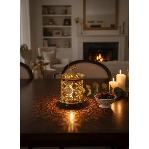15cm Modern Golden Ramadan Lantern Pattern & Warm LED Lights - Elegant Islamic Decor Fanous for Home and Office, Crescent Moon Top - Dumyah Ramadan - Image 2