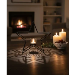Modern Black Metal Star Candle Holder with Glass Votive Cup - Geometric Minimalist Table Decor for Ramadan, Weddings, and Home Interior Centerpiece 24 CM For Ramadan Decoration