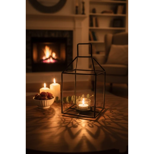 Modern Black Metal Wire Lantern - Geometric Minimalist Candle Holder with Handle for Ramadan Decor, Weddings, and Contemporary Home Styling 32cm Modern Black Metal Wire Lantern - Geometric Minimalist Candle Holder with Handle for Ramadan Decor, Weddings, and Contemporary Home Styling 32cm