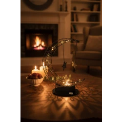 Black Metal Ramadan Crescent Moon with Hanging Stars & LED Fairy Lights - Modern Islamic Floor & Table Decor with Ornate Geometric Base 74cm