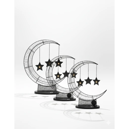 Black Metal Ramadan Crescent Moon with Hanging Stars & LED Fairy Lights - Modern Islamic Floor & Table Decor with Ornate Geometric Base 74cm - Dumyah Ramadan - Image 2