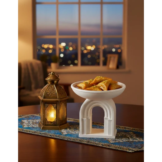 tall serving dish with an elegant Ramadan theme 21cm perfect for serving dates and refreshments; an Islamic decorative piece that adds a distinctive spiritual atmosphere during Ramadan and religious occasions tall serving dish with an elegant Ramadan theme 21cm perfect for serving dates and refreshments; an Islamic decorative piece that adds a distinctive spiritual atmosphere during Ramadan and religious occasions