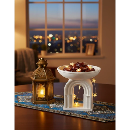 صحن تقديم بارتفاع 21 سم بطابع رمضاني أنيق، مثالي لتقديم التمر والضيافة، قطعة ديكور إسلامية تضيف أجواء روحانية مميزة خلال شهر رمضان والمناسبات الدينية - دمية رمضان - Image 2