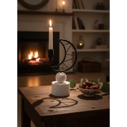 Modern Ramadan Candle Holder - Black Metal Geometric Crescent on White Stone Base, Minimalist Islamic Decor Accent for Tabletop & Shelves 21cm