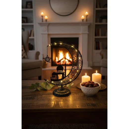 Large Black Metal Ramadan Crescent with Mashrabiya Patterns & Mosque Silhouette - Premium Islamic Decor with Hanging Lantern/Censer & Ornate Base Large Black Metal Ramadan Crescent with Mashrabiya Patterns & Mosque Silhouette - Premium Islamic Decor with Hanging Lantern/Censer & Ornate Base