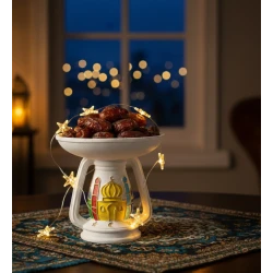 medium-sized 15cm serving dish with a colorful mosque, crescent, and star design, perfect for serving dates and refreshments An elegant Islamic decorative piece that adds a distinctive spiritual atmosphere during Ramadan and religious occasions