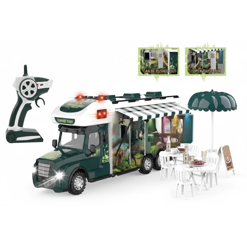 Remote Control RV Sunshine Tour Car – 2.4G High-Stability Green Camper Van with Lights, Sound, and Eye-Catching Short-Head Design for Kids 3-8.