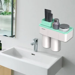 حامل فرشاة أسنان ومعجون أسنان بكوب امتصاص، مناسب للحمامات العائلية، بدون ثقب، لون أخضر، كوبان