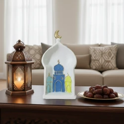 Ramadan Mihrab Desktop Decor - Stone-Effect Mosque Sculpture with Colorful Domes & Gold Accents, Elegant Islamic Art Piece for Home & Office 21cm
