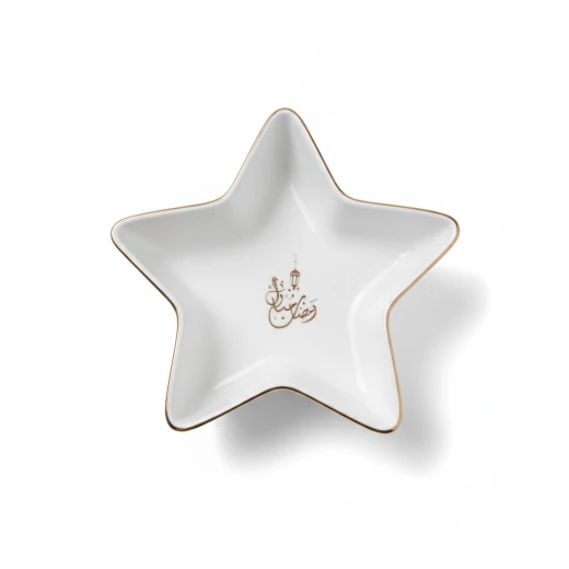 White Ceramic Star-Shaped Ramadan Serving Bowl with Gold Trim - Festive Nut & Candy Dish with "Ramadan Mubarak" Arabic Calligraphy 16.5Cm - Dumyah Ramadan - Image 3