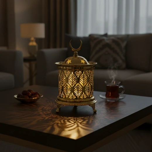 فانوس رمضان ذهبي مودرن بارتفاع 15 سم بنقوش مفرغة وإضاءة LED داخلية دافئة - قطعة ديكور رمضانية أنيقة للمنزل والمكتب بتصميم عصري وقاعدة ثابتة - دمية رمضان - Image 3