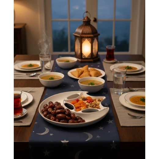 Ceramic Ramadan Crescent & Star Serving Platter with Gold Rim - Elegant White Dessert & Snack Plate with Arabic Calligraphy for Iftar Hosting - Dumyah Ramadan - Image 2