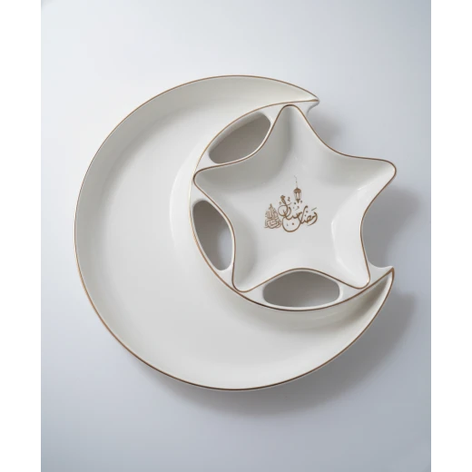 Ceramic Ramadan Crescent & Star Serving Platter with Gold Rim - Elegant White Dessert & Snack Plate with Arabic Calligraphy for Iftar Hosting - Dumyah Ramadan - Image 3