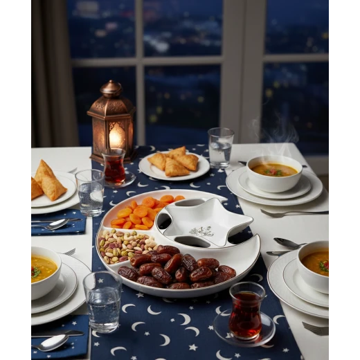 Ceramic Ramadan Crescent & Star Serving Platter with Gold Rim - Elegant White Dessert & Snack Plate with Arabic Calligraphy for Iftar Hosting - Dumyah Ramadan - Image 4