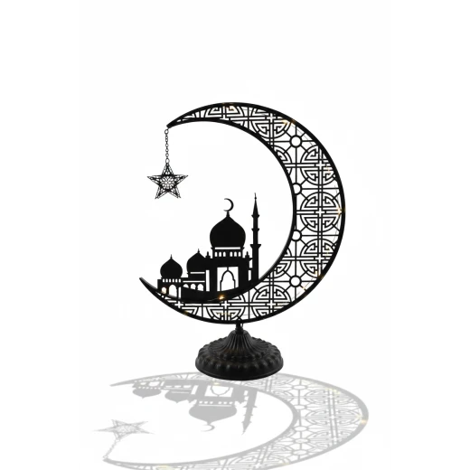 هلال رمضان معدني أسود كبير بنقوش مشربية ومجسم مسجد - ديكور رمضاني فاخر مع نجمة وقاعدة كلاسيكية مزخرفة، قطعة مركزية فخمة لزينة البيت - دمية رمضان - Image 2