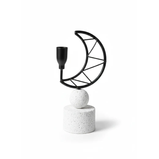 Modern Ramadan Candle Holder - Black Metal Geometric Crescent on White Stone Base, Minimalist Islamic Decor Accent for Tabletop & Shelves 21cm - Dumyah Ramadan - Image 2