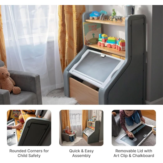 Step2 Harmony Toy Storage Box, Kids Toy Storage Bin with Chalkboard Lid, Easel & Toy Organizer in One, Made of Durable Plastic, For Toddlers 2+ Years Old, Sage Gray - Step2 - Image 7