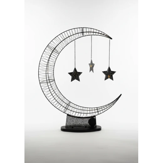 Black Metal Ramadan Crescent Moon with Hanging Stars & LED Fairy Lights - Modern Islamic Floor & Table Decor with Ornate Geometric Base 80cm - Dumyah Ramadan - Image 3