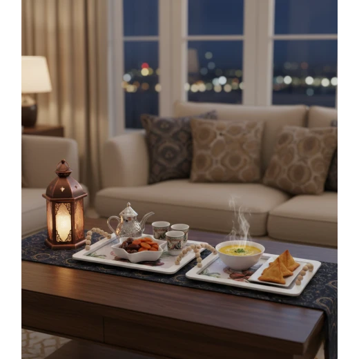 مجموعة صواني تقديم رمضان عدد 2 – الكبيرة 34.5 سم والصغيرة 29.5 سم، مثالية لتقديم التمر والحلويات والمكسرات، تصميم إسلامي أنيق خلال رمضان والمناسبات الدينية - دمية رمضان - Image 2