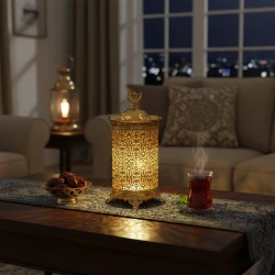 فانوس رمضان ذهبي مودرن بارتفاع 22 سم بنقوش شجرية مفرغة وإضاءة LED داخلية دافئة - قطعة ديكور رمضانية أنيقة للمنزل والمكتب بتصميم عصري وقاعدة ثابتة