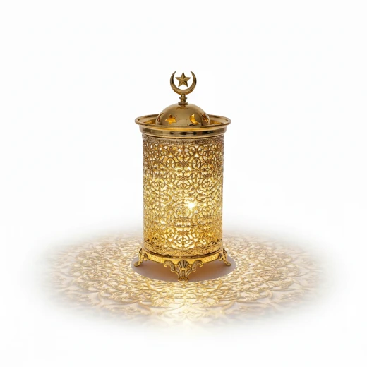 فانوس رمضان ذهبي مودرن بارتفاع 22 سم بنقوش شجرية مفرغة وإضاءة LED داخلية دافئة - قطعة ديكور رمضانية أنيقة للمنزل والمكتب بتصميم عصري وقاعدة ثابتة - دمية رمضان - Image 2